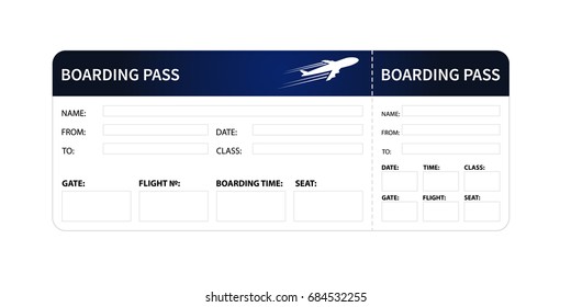 Airplane boarding pass. Blue ticket isolated on white background. Vector illustration