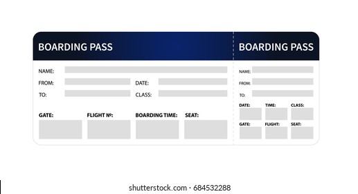 Airplane boarding pass. Blue ticket isolated on white background. Vector illustration