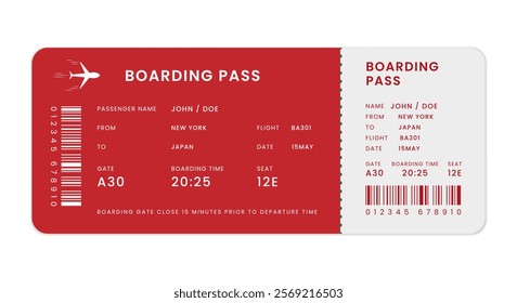 Airplane Boarding Pass Example. Red Modern Plane Ticket Design. Vector Illustration.