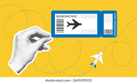 Passe de embarque do avião na colagem da mão feminina. Conceito de viagem, voo de avião. Folheto horizontal em mídia mista, incluindo elementos desenhados à mão e de meio-tom. Vetor