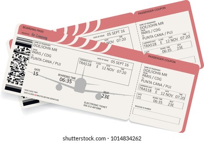 Airplane boarding pass. Red ticket isolated on white background. Vector illustration