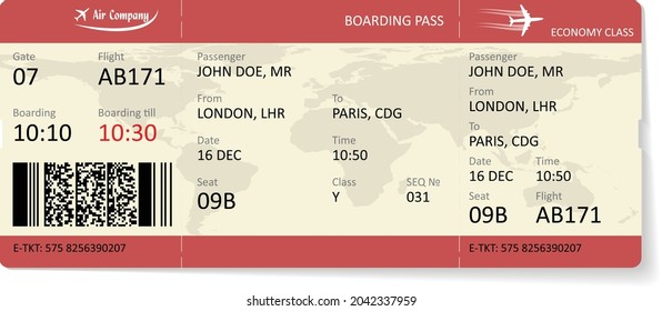 Airplane boarding pass. Red boarding pass ticket for travel by plane. Isolated on white background. Vector illustration