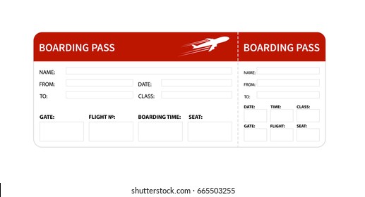 Airplane boarding pass. Red ticket isolated on white background. Vector illustration
