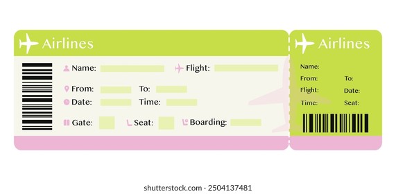 Airplane boarding pass template in pink and green. Blank plane ticket.