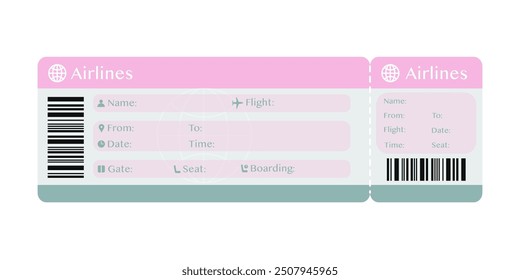 Airplane boarding pass template in pink and green. Blank plane ticket.