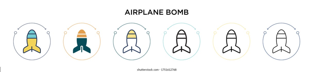 Airplane bomb icon in filled, thin line, outline and stroke style. Vector illustration of two colored and black airplane bomb vector icons designs can be used for mobile, ui, web