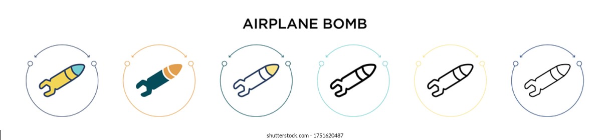 Flugzeugbombensymbol in voller, dünner Linie, Umriss- und Schlagrichtung. Vektorgrafik von zwei farbigen und schwarzen Flugzeugbomben-Vektorgrafiken-Designs kann für mobile, i, i, web-basierte