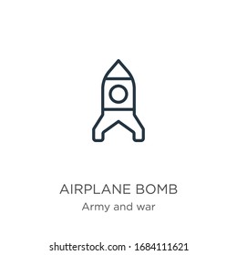 Flugzeugbombensymbol. Dünne Linien-Flugzeug-Bombe-Umriss Symbol einzeln auf weißem Hintergrund von Armee und Kriegskollektion. Vektorillustration der Linie, Symbol für Web und Mobilfunk