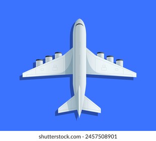 Airplane from a bottom-up view against a solid blue background, conveying travel and aviation. Vector illustration