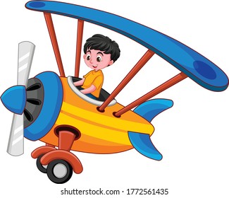 Airplane And Boy Cartoon vector art and illustration