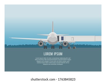 Airplane and bridge to an airport. Simple airport flat illustration 