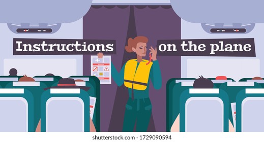 Airplane briefing flat background with female flight attendant giving safety rules instructions to passengers vector illustration 