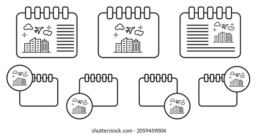 Avión, edificios, icono del vector de vuelo en la ilustración del conjunto de calénder para ui y ux, sitio web o aplicación móvil