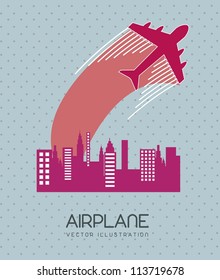 airplane with buildings over blue background. vector illustration