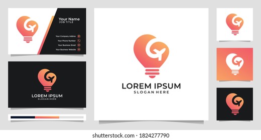 Logo de la ilustración de la forma del bulbo del avión y tarjeta de visita , logotipo de la compañía del avión, logotipo de viaje. Vector Premium