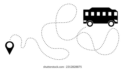 Airplane and Bus line path icon of air plane flight route. Airplane travel concept, symbol isolated on white background. Flat black airplane flying and leave a black dashed trace line. Vector. EPS10