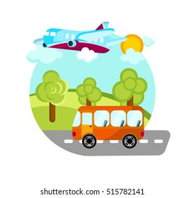 Airplane, bus, road vector