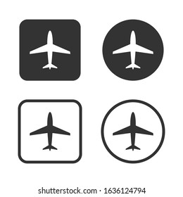 Airplane button symbol set. Round and square shape buttons. Airport sign. Aviation icon. Simple flat shape logo. Black silhouette isolated on white background. Vector illustration image.