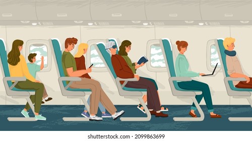 Airplane cabin interior with people aboard. Hand drawn vector illustration concept. Passengers sitting on chairs in plane during a flight. People travel by plane in economy class