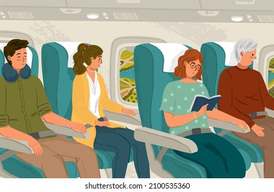 Airplane Cabin Interior With People Aboard. Vector Illustration. Passengers Reading And Watching Plane Window During A Flight. People Travel By Plane In Economy Class