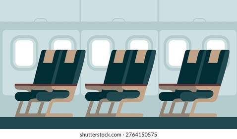 Airplane cabin interior side view with windows and empty passenger seats. No people. flat vector illustration