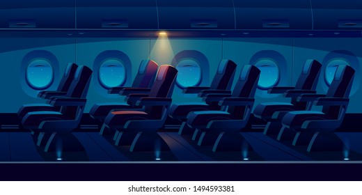 Airplane Cabin At Night Time, Dark Plane Economy Class Cockpit With Seats Side View. Empty Salon Aisle With Chairs In Aircraft. Comfortable Armchairs For Journey, Jet Trip Cartoon Vector Illustration