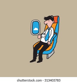 Airplane cabin passenger young man with coffee