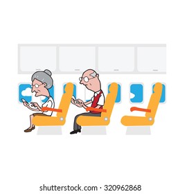 Airplane cabin passengers elderly people using smart phones