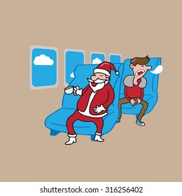 Airplane cabin passengers and Santa cartoon vector