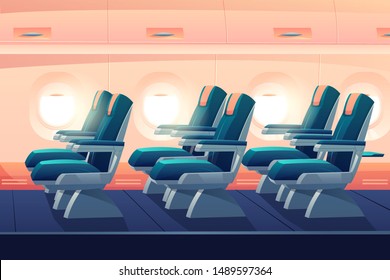 Airplane cabin, plane economy class with seats side view. Empty bright salon aisle with blue chairs in in aircraft, cozy places. Comfortable armchairs for journey, jet trip Cartoon vector illustration