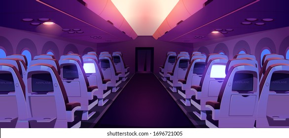 Airplane cabin with seats and screens inside rear view. Dark economy class plane empty interior with chairs and folding tables rows, aircraft salon armchairs for jet trip. Cartoon vector illustration