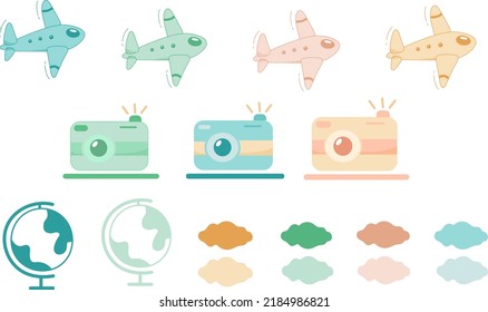 Airplane, camera, globe and clouds icons set in different colors