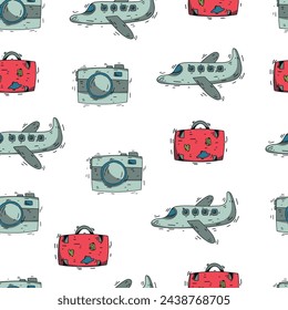 Airplane, camera and luggege seamless pattern. For nursery, backgrounds, wallpaper, wrapping paper, children clothes, textile, fabric 