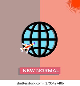 The airplane can flight around the world in center image and the bottom have text new normal with sun is top of right in two tone background. After Covid19 pandemic. Vector illustrations.
