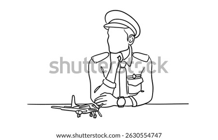 Airplane captain in uniform, continious line drawing. Airport outline, air transport crew line art. Vector illustration on white background