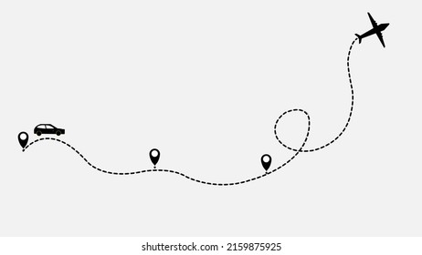 airplane and car routes. travel plane and car travel vector icon from start point and travel dotted line