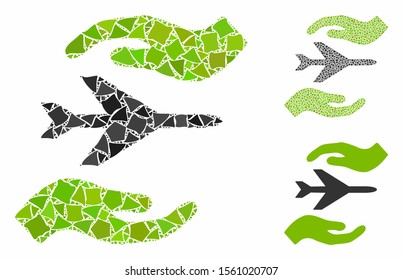 Airplane care hands composition of tuberous parts in various sizes and color tones, based on airplane care hands icon. Vector trembly items are organized into collage.