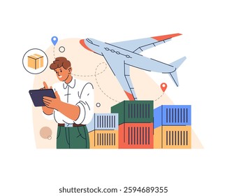 Airplane with cargo containers for airmail delivery. Vector freight transportation or express shipping, postal and logistics. Global trade via aviation network. International commerce. Air parcel.