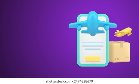 Airplane cargo delivery internet app smartphone GPS navigation service 3d icon vector illustration. Air freight shipment cardboard box parcel international transportation. Online order shipping