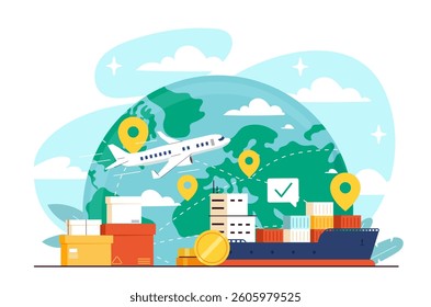 Airplane, cargo ship, and packages shown with world map and location pins in flat graphic style on white background. Concept of global logistics. Vector illustration