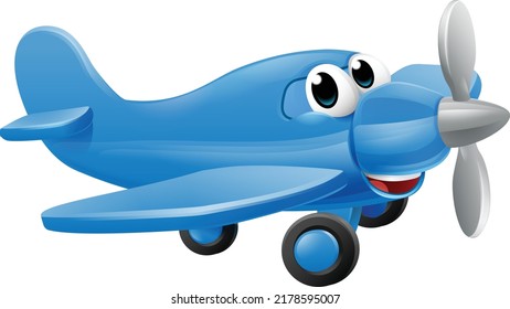 Airplane cartoon character mascot. An illustration of a cute blue small or toy aeroplane