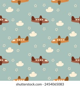 Airplane cartoon so cute. On cloud star background. Pattern seamless vector illustration. 
