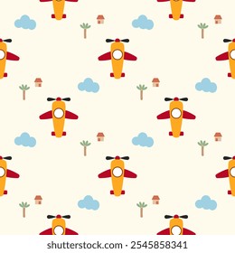 Airplane cartoon so cute. On cloud tree house background. Pattern seamless vector illustration. 