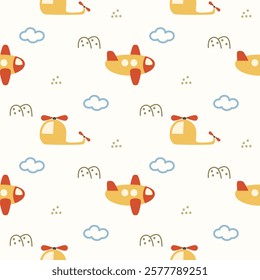 Airplane cartoon so cute. On helicopter cloud mountain background. Pattern seamless vector illustration. 
