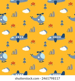Airplane cartoon so cute. On tree mountain cloud flower yellow background. Pattern seamless vector illustration. 
