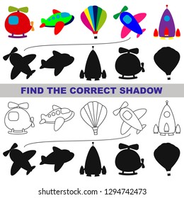 Airplane Cartoon. Find the correct shadow. Educational game for children. Vector