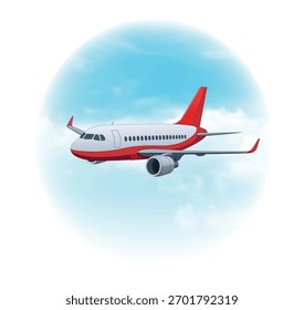 Dibujos animados de aviones rojos y blancos que vuelan a través de nubes suaves en un cielo azul, Vector de aviones de vista lateral limpia perfecto como ilustración de avión para proyectos infantiles, temas de transporte y diseños de viajes aéreos.