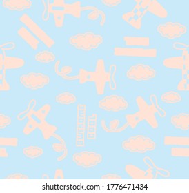 Airplane cartoon image patterns, vector illustrations, clouds and cool awesome writing as background