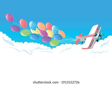 Airplane in cartoon style flies in the clouds with rainbow balloons. Cheerful background vector illustration.