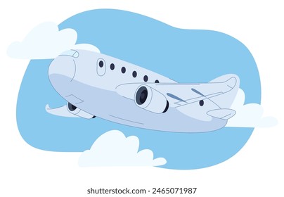 Airplane in cartoon style on the background of the sky. Cute colorful air transport. Beautiful baby illustration. Vector illustration